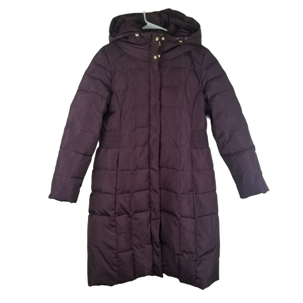 Cole Haan Long Quilted Puffer Coat in Deep Plum